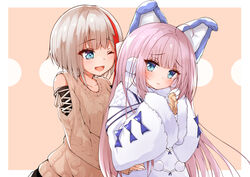  2girls :d absurdres admiral_graf_spee_(azur_lane) admiral_graf_spee_(peaceful_daily_life)_(azur_lane) ahoge animal_ears azur_lane blue_eyes blush cat_ears coat commentary_request fake_animal_ears fur-trimmed_coat fur-trimmed_sleeves fur_trim grey_hair highres hug hug_from_behind long_hair multicolored_hair multiple_girls official_alternate_costume one_eye_closed open_mouth overcoat pom_pom_(clothes) purple_hair ryou_(ryo_217cafe) short_hair sidelocks sleeves_past_fingers sleeves_past_wrists smile streaked_hair tashkent_(azur_lane) very_long_sleeves white_coat 