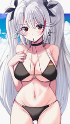  absurdres azur_lane bikini black_bikini black_choker blush breasts choker commentary_request female flag_print german_flag_bikini highres large_breasts long_hair looking_at_viewer misonikomi multicolored_hair navel official_alternate_costume photoshop_(medium) prinz_eugen_(azur_lane) prinz_eugen_(unfading_smile)_(azur_lane) side-tie_bikini_bottom sideboob solo stomach streaked_hair swimsuit two_side_up underboob very_long_hair white_hair 