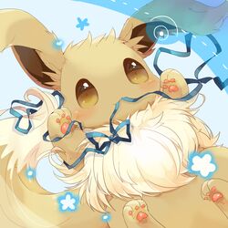  blue_ribbon blush brown_eyes brown_fur closed_mouth commentary_request eevee heart highres mouth_hold no_humans pokemon pokemon_(creature) ribbon smile solo ushiina 