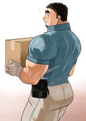  1boy artist_name ass back bad_id bad_twitter_id bara belt black_hair blush box collared_shirt facial_hair gloves highres looking_at_viewer male_focus mature_male muscular muscular_male original pants shirt solo sweat tight_clothes zeroru1111 