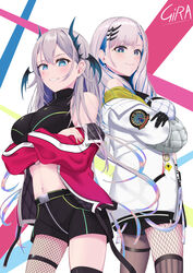  2girls artist_name bare_shoulders black_gloves black_shirt black_shorts blue_eyes blue_hair breasts bright_pupils coat commission crop_top crossed_arms fishnet_pantyhose fishnets girarikyo gloves grey_hair head_wings highres hololive hololive_indonesia horizontal_pupils indie_virtual_youtuber jacket large_breasts mole mole_under_mouth multicolored_hair multiple_girls navel_piercing o-ring off_shoulder pantyhose pavolia_reine pavolia_reine_(streetwear) peacock_print piercing pink_jacket pochimaru_(vtuber) shirt shorts single_fishnet_legwear streaked_hair teardrop_facial_mark tentacle_hair thigh_strap virtual_youtuber white_coat white_pupils wings yellow_nails zipper 