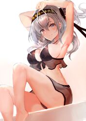  armpits bikini bikini_skirt black_bikini black_hairband blue_eyes blush breasts closed_mouth clothes_writing commentary eriyama_e female grey_hair hairband highres kantai_collection large_breasts looking_at_viewer medium_hair one_side_up simple_background sitting smile solo suzutsuki_(kancolle) suzutsuki_(swimsuit_mode)_(kancolle) swimsuit white_background 