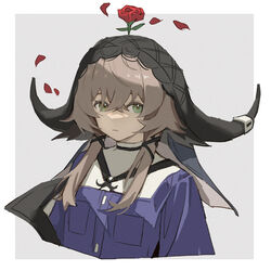  animal_ears arknights border closed_mouth cow_ears cow_horns cropped_torso eyebrows_hidden_by_hair female flower grey_background hair_between_eyes highres horns looking_at_viewer pallas_(arknights) petals pingdiguo purple_shirt red_flower red_rose rose rose_petals shirt short_hair_with_long_locks sidelocks simple_background solo upper_body veil white_border 