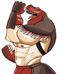  2021 abs absurd_res animal_head anthro big_muscles bottomwear clothing darknaigart dinosaur extinct fingerless_gloves fist for_a_head gloves handwear hi_res humanoid king_of_dinosaurs king_of_fighters male muscular muscular_anthro muscular_male navel nipples open_mouth pants pecs prehistoric_species reptile scalie scar sharp_teeth side_view simple_background snk solo standing teeth tongue white_background 