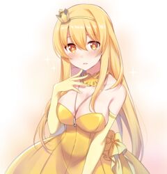  bare_shoulders blonde_hair blush breasts bright_pupils brown_eyes choker cleavage commentary_request crown crown_hair_ornament dress embarrassed female formal gloves hair_between_eyes large_breasts long_hair looking_at_viewer mini_crown nemu_mohu open_mouth shokuhou_misaki solo star-shaped_pupils star_(symbol) strapless strapless_dress symbol-shaped_pupils tiara toaru_majutsu_no_index toaru_majutsu_no_index:_new_testament very_long_hair whistle whistle_around_neck yellow_dress yellow_gloves yellow_pupils 