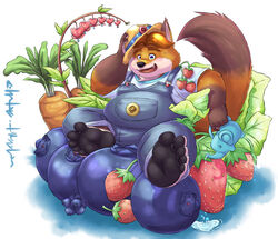  2019 anthro aotoaka belly biped black_nose brown_body brown_fur canid canine carrot clothing digital_media_(artwork) digital_painting_(artwork) disney feet food fox fruit full-length_portrait fur gideon_grey glistening glistening_food glistening_hair hair hat headgear headwear male mammal overalls overweight overweight_male plant portrait red_fox shaded shirt sitting soft_shading soles solo strawberry topwear true_fox vegetable zootopia 