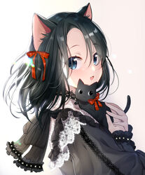  :3 :d animal animal_ear_fluff animal_ears black_cat black_dress black_eyes black_hair blue_eyes cat_ears cat_girl commentary_request dress feline female hair_ribbon holding holding_animal holding_cat lace lace-trimmed_dress lace_trim long_hair long_sleeves maronie. oerba_yun_fang open_mouth original red_ribbon ribbon simple_background skin_fang slit_pupils smile solo whiskers white_background 