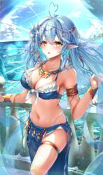  against_railing ahoge armlet bare_shoulders bikini bikini_top_only blue_bikini blue_hair blue_skirt blush bracelet breasts cleavage collarbone colored_tips commentary crossed_bangs double-parted_bangs earrings female frilled_bikini frills front-tie_bikini_top front-tie_top hai_0013 hair_between_eyes harem_outfit head_chain heart heart_ahoge highres hololive jewelry knee_up large_breasts long_hair long_skirt looking_at_viewer multicolored_hair navel necklace ocean open_mouth outdoors panties panty_straps pelvic_curtain pointy_ears railing see-through side_slit skindentation skirt solo standing stomach streaked_hair surprised swimsuit thighlet underwear veil very_long_hair virtual_youtuber white_panties yellow_eyes yukihana_lamy 