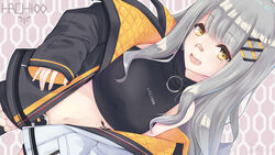  bandaid bandaid_on_face bandaid_on_nose bare_shoulders black_coat black_shirt black_shorts black_thighhighs blunt_bangs breasts character_name coat commentary crop_top female grey_hair hachi_(live_union) hair_ornament infinity_symbol lipgloss live_union long_hair looking_at_viewer medium_breasts midriff mole mole_under_eye multicolored_clothes multicolored_coat nail_polish navel oerba_yun_fang off_shoulder open_clothes open_coat open_mouth patterned_background shirt short_shorts shorts sleeveless sleeves_past_wrists smile solo suu2510 thighhighs two-sided_fabric virtual_youtuber white_coat yellow_eyes 