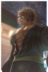  abs asian_clothing big_muscles biri brown_body brown_fur catoblepas_(tas) clothed clothing east_asian_clothing eyewear fur glasses hi_res horn japanese_clothing kimono lifewonders male mammal muscular muscular_male night pecs solo tokyo_afterschool_summoners 