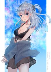  bikini black_bikini black_sarong blue_eyes blush breasts cleavage closed_mouth clothes_writing collarbone cowboy_shot dated female grey_hair grey_jacket hachimaki hair_between_eyes haruka_faraway716 headband highres jacket kantai_collection large_breasts long_hair long_sleeves one-hour_drawing_challenge one_side_up sarong smile solo suzutsuki_(kancolle) suzutsuki_(swimsuit_mode)_(kancolle) swimsuit twitter_username white_headwear 