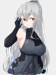  alternate_hairstyle arknights arm_up armpits ascot asususususu bare_shoulders black_ascot black_gloves black_pants black_shirt black_sleeves breasts commentary detached_sleeves elbow_gloves female gloves grey_background grey_hair hair_between_eyes hand_in_own_hair head_tilt highres large_breasts long_hair pants ponytail red_eyes shirt sideways_glance simple_background skadi_(arknights) sleeveless sleeveless_shirt solo upper_body very_long_hair 