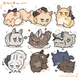  &gt;_&lt; ... :3 :d anger_vein animal animal_ear_fluff animalization arknights arrow_(projectile) arrow_(symbol) black_bow black_headwear blemishine_(arknights) blue_eyes bow brown_eyes catapult_(arknights) closed_eyes closed_mouth colored_shadow dragon_bubble_(arknights) ear_piercing fang_(arknights) flying_sweatdrops garrison_cap grani_(arknights) hat headset heavyrain_(arknights) highres kyou_039 meteor_(arknights) nearl_(arknights) no_humans notice_lines parted_lips piercing platinum_(arknights) purple_eyes shadow smile sparkle spoken_ellipsis translated twitter_username u_u visor_cap whislash_(arknights) white_background wild_mane_(arknights) xd zzz 