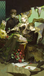  2boys absurdres animal_skull bird black_collar black_dress black_footwear black_gloves black_jacket black_necktie black_ribbon black_shirt black_thighhighs blonde_hair breasts brown_hair cassandra_vole chains character_name cleavage closed_mouth collar commentary crossed_legs dress earrings female flower gloves green_eyes green_theme hair_between_eyes hair_ribbon harry_potter:_magic_awakened harry_potter_(series) high_heels highres holding_hands indoors jacket jewelry letter long_hair long_sleeves looking_at_another looking_at_viewer medium_breasts mole mole_under_eye multiple_boys necktie owl painting_(object) petals phonograph picture_frame red_flower ribbon ruoganzhao shirt short_hair sitting sleeveless sleeveless_dress thighhighs very_long_hair wizarding_world 