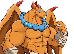  2021 abs absurd_res anthro arm_wraps beaded_jewelry beaded_necklace beads biceps big_muscles breath_of_fire capcom darknaigart draconic dragon garr_(breath_of_fire) guardian hi_res horn jewelry male markings monk muscular muscular_anthro muscular_male mythological_creature mythological_scalie mythology navel necklace orange_body pecs scalie simple_background solo white_background wings wraps 