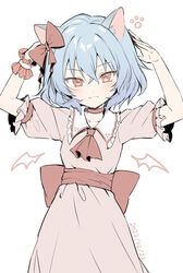  :3 animal_ear_fluff animal_ears arms_up ascot back_bow blue_hair bow breasts cat_ears choker collarbone cowboy_shot crossed_bangs detached_wings drawn_wings dress female frilled_shirt_collar frills hair_between_eyes hairbow hands_up highres kemonomimi_mode looking_at_viewer medium_hair mini_wings no_headwear oerba_yun_fang paw_print pink_dress pink_eyes puffy_short_sleeves puffy_sleeves red_ascot red_bow red_choker remilia_scarlet short_sleeves simple_background skin_fang small_breasts solo touhou white_background wings wrist_cuffs yuki_(popopo) 