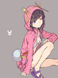  black_hair breasts bunny_grey_(toaru) female haimura_kiyotaka headset highres hood hood_up hooded_jacket hoodie jacket karasuma_fran looking_at_viewer official_art one_eye_closed open_clothes purple_eyes short_hair sleeves_past_wrists small_breasts solo swimsuit swimsuit_under_clothes toaru_majutsu_no_index toaru_majutsu_no_index:_new_testament 