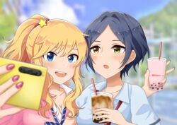  2girls absurdres blonde_hair blue_eyes blush breasts brown_eyes bubble_tea cleavage collarbone commentary_request hair_ornament hayami_kanade highres holding holding_phone idolmaster idolmaster_cinderella_girls large_breasts long_hair looking_at_another looking_at_viewer multiple_girls ohtsuki_yui open_mouth outdoors parted_bangs phone pink_nails ponytail rrtp short_hair smile wavy_hair 