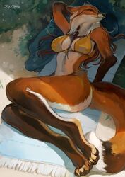  2023 anthro big_breasts bikini breasts canid canine clothing female fox fur hi_res juliathedragoncat mammal on_towel orange_body orange_fur reyna_(reynafox) side-tie_bikini solo string_bikini swimwear towel 