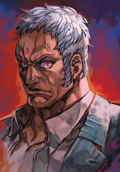  1boy blue_eyes closed_mouth curly_hair dark-skinned_male dark_skin forehead_jewel formal grey_suit hungry_clicker looking_at_viewer male_focus manly muscular muscular_male red_eyes shirt sideburns simple_background solo street_fighter street_fighter_v suit upper_body urien white_hair white_shirt 