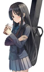  absurdres akiyama_mio black_eyes black_hair blue_jacket blue_ribbon blunt_bangs blush collared_shirt commentary_request cowboy_shot cup female grey_skirt guitar_case highres holding holding_cup instrument_case instrument_on_back jacket k-on! long_hair long_sleeves looking_at_viewer neck_ribbon parted_lips pleated_skirt ribbon sakuragaoka_high_school_uniform school_uniform shirt simple_background skirt solo standing superpig very_long_hair white_background winter_uniform 