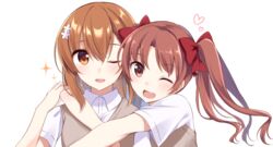  2girls brown_eyes brown_hair commentary_request hair_between_eyes hair_ornament hair_ribbon hairpin hug looking_at_viewer misaka_mikoto multiple_girls nemu_mohu one_eye_closed open_mouth ribbon school_uniform shirai_kuroko short_hair short_sleeves smile summer_uniform sweater_vest toaru_kagaku_no_railgun toaru_majutsu_no_index tokiwadai_school_uniform twintails 