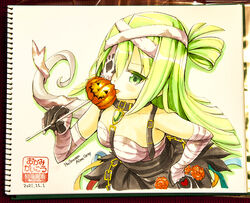  alina_gray alina_gray_(halloween_ver.) bandaged_arm bandaged_head bandages bare_shoulders candy chains chauke female food gem ghost_tail green_eyes green_gemstone green_hair hair_between_eyes halloween_costume hand_on_own_hip holding holding_candy holding_food holding_lollipop jack-o&#039;-lantern lollipop long_hair looking_at_viewer magia_record:_mahou_shoujo_madoka_magica_gaiden magical_girl mahou_shoujo_madoka_magica marker_(medium) mask_over_one_eye official_alternate_costume pumpkin sarashi sidelocks single_hair_ring solo traditional_media very_long_hair 