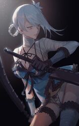  bandaged_arm bandaged_leg bandaged_neck bandages black_gloves braid breasts cleavage detached_sleeves dual_wielding female flower gloves gradient_background hair_flower hair_ornament highres holding holding_sword holding_weapon jagged_sword jiemojiemo kaine_(nier) medium_breasts negligee nier nier_(series) single_bare_shoulder solo sword thigh_strap weapon white_hair yellow_eyes 