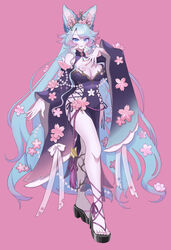  absurdres animal_ear_fluff animal_ears black_kimono black_sleeves blue_eyes blue_hair breasts cherry_blossoms cleavage cleavage_cutout clothing_cutout detached_sleeves female flower hair_flower hair_ornament hand_on_own_chest highres hip_vent japanese_clothes kimono large_breasts long_hair looking_at_viewer multicolored_hair nail_polish navel navel_cutout no_panties open_mouth pink_flower pink_hair pink_nails silvervale silvervale_(sakura_goddess) smile solo streaked_hair swept_bangs unlimitedream very_long_hair virtual_youtuber vshojo wolf_ears wolf_girl 