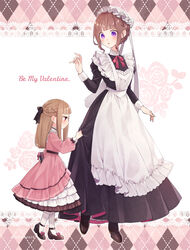  2girls absurdres age_difference apron argyle_background blonde_hair bow braid brown_hair commentary dress dress_tug english_text french_braid frilled_dress frills full_body goshi-san hairbow hat highres lace_background maid mob_cap multiple_girls onee-loli original purple_eyes red_eyes simple_background valentine victorian_maid yuri 