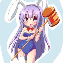  animal_ears asymmetrical_legwear bare_arms bare_shoulders blush breasts cleavage covered_navel erina_(rabi-ribi) female geo_(yukishitadou) hammer highres holding holding_hammer leotard long_hair medium_breasts open_mouth playboy_bunny purple_eyes purple_hair purple_leotard rabbit_ears rabi-ribi single_thighhigh solo thighhighs toy_hammer very_long_hair white_thighhighs white_wrist_cuffs wrist_cuffs 