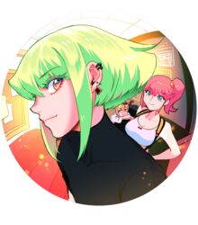  1boy 2girls aina_ardebit bae_(baebae) blonde_hair earrings fisheye green_hair highres jewelry lio_fotia lucia_fex male_focus multiple_girls pink_hair promare purple_eyes sidelocks suspenders 