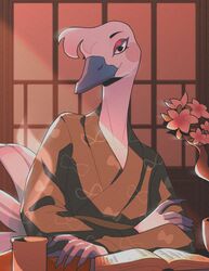  animal_crossing anthro asian_clothing avian beak bird blanche_(animal_crossing) book clothed clothing container crossed_arms cup detailed_background digital_drawing_(artwork) digital_media_(artwork) east_asian_clothing eyeshadow feathers female flower half-length_portrait hi_res inside japanese_clothing kimono long_neck looking_at_viewer makeup nails nintendo ostrich plant portrait ratite reading reksukoy shaded smile solo white_body white_feathers 