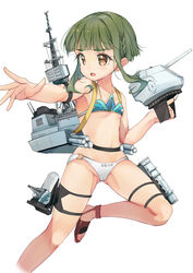  adapted_turret bikini bob_cut braid brown_eyes cannon clothes_writing commentary_request feet_out_of_frame female flat_chest green_hair highres js_takanami_(kancolle) kantai_collection machinery mismatched_bikini short_hair short_hair_with_long_locks sidelocks simple_background solo swimsuit takanami_(kancolle) turret white_background yashin_(yasinz) 