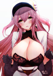  artist_name azur_lane black_bra black_gloves blush bra breasts breasts_squeezed_together center_opening cleavage coat female fur-trimmed_coat fur_trim gloves hachimitsu_hinako hair_between_eyes hat huge_breasts long_hair looking_at_viewer open_mouth peaked_cap pink_hair simple_background solo standing underwear upper_body very_long_hair volga_(azur_lane) white_background white_coat white_hat yellow_eyes 