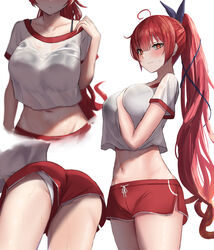  ahoge alternate_costume ass azur_lane black_bra blush bra bra_visible_through_clothes breasts buruma collarbone female gym_uniform highres honolulu_(azur_lane) large_breasts long_hair looking_at_viewer multiple_views navel panties ponytail red_buruma red_eyes red_hair red_shorts satou_aji see-through see-through_shirt shirt short_sleeves shorts sweat sweaty_clothes thighs underwear upshorts very_long_hair white_background white_panties white_shirt 