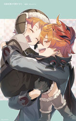  2boys ^_^ affectionate boots brothers carrying closed_eyes earrings family genshin_impact happy hat highres hug jam8686 jewelry long_sleeves mask multiple_boys open_mouth orange_hair pants siblings smile spoilers tartaglia_(genshin_impact) teucer_(genshin_impact) 