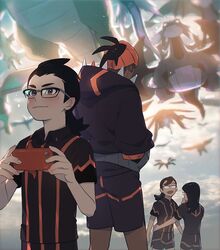  3boys black_hair black_hoodie blurry blush brown_hair closed_mouth collared_shirt commentary_request dark-skinned_male dark_skin dragonite female flygon glasses gym_trainer_(pokemon) hand_on_another&#039;s_waist holding hood hoodie hydreigon korean_commentary mikripkm multiple_boys orange_headwear pokemon pokemon_(creature) pokemon_swsh raihan_(pokemon) rotom rotom_phone salamence shirt shorts side_slit side_slit_shorts very_dark_skin 