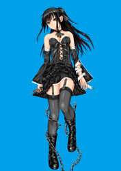  absurdres ano_hito black_choker black_dress black_footwear black_hair blue_background boots boxcutter breasts brown_eyes chains choker commentary_request detached_sleeves dress female frilled_dress frills frown full_body garter_straps gothic_lolita hair_ribbon highres holding lolita_fashion one_side_up original ribbon short_dress small_breasts solo thighhighs zettai_ryouiki zipper 