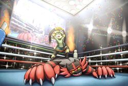  commentary confetti creature doubutsu_no_mori english_commentary furry gen_7_pokemon highres incineroar lying on_stomach otakuap pokemon pokemon_(creature) shizue_(doubutsu_no_mori) super_smash_bros. victory_pose wrestling wrestling_outfit wrestling_ring 