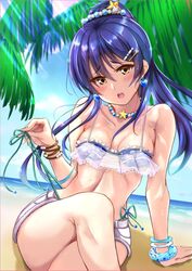  arm_support beach bikini blue_hair blush ca_ba_ya_ki commentary_request crossed_legs day earrings female hair_between_eyes hair_ornament hairclip jewelry long_hair looking_at_viewer love_live! love_live!_school_idol_festival love_live!_school_idol_project necklace outdoors ponytail side-tie_bikini_bottom sitting solo sonoda_umi swimsuit yellow_eyes 