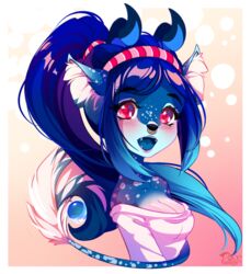  2019 anthro blue_body blue_fur blue_hair breasts clothed clothing digital_media_(artwork) eyebrows eyelashes facial_piercing female fur hair horn nose_piercing nose_ring open_mouth pacevanrign piercing red_eyes ring_piercing septum_piercing solo teeth tongue wilderkin 