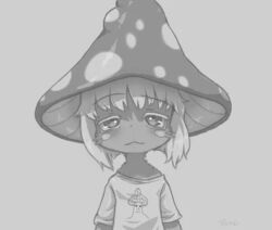  ambiguous_gender anthro black_and_white buneposter clothing fungus fur grey_background greyscale hair hat headgear headwear made_in_abyss meme meme_clothing monochrome mushroom mushroom_cap mushroom_hat nanachi narehate shirt shroomjak simple_background solo t-shirt topwear whiskers wojak 