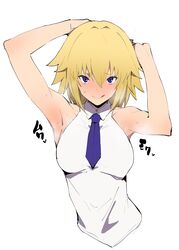  armpits arms_behind_head arms_up bare_shoulders blonde_hair blue_eyes blue_necktie blush breasts closed_mouth collared_shirt fate/apocrypha fate_(series) female hair_between_eyes highres jeanne_d&#039;arc_(fate) jeanne_d&#039;arc_(girl_from_orleans)_(fate) jikatarou large_breasts licking_lips looking_at_viewer necktie shirt simple_background sleeveless sleeveless_shirt smile solo tongue tongue_out upper_body white_background 