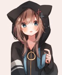  :d absurdres animal_ears animal_hood black_jacket blue_eyes blush brown_background brown_hair cat_ears cat_hood commentary drawstring fake_animal_ears female hair_between_eyes hand_up heripiro highres hood hood_up hooded_jacket jacket long_sleeves nekomimi_onnanoko_(heripiro) original puffy_long_sleeves puffy_sleeves simple_background sleeves_past_wrists smile solo upper_body 