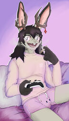  absurd_res anthro antlers controller drugs femboy game_controller gaming hair hi_res horn jackalope lagomorph long_hair male mammal marijuana playing_video_game rabbit_ears relaxing simpleesteban solo 