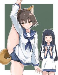  +++ 2girls :o ^_^ animal_ears black_hair blue_neckerchief blue_one-piece_swimsuit blue_sailor_collar blunt_bangs brown_eyes brown_hair closed_eyes collarbone commentary cowboy_shot dog_ears dog_girl dog_tail dot_nose ganbaru_pose green_background hair_between_eyes highres jitome long_hair looking_at_viewer miyafuji_yoshika multiple_girls neckerchief no_pants one-piece_swimsuit open_mouth outline outside_border rauto sailor_collar sailor_shirt school_swimsuit school_uniform serafuku shirt short_hair solo_focus split standing standing_on_one_leg standing_split strike_witches sweatdrop swimsuit swimsuit_under_clothes tail two-tone_background white_outline white_shirt world_witches_series yamakawa_michiko 