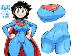  :&gt; ass black_hair blue_bodysuit blue_eyes blush bodysuit breasts bright_pupils cape character_name closed_mouth commentary covered_navel dc_comics english_commentary female genderswap_(mtf) hands_on_own_hips highres large_breasts long_sleeves looking_at_viewer mixed-language_commentary multiple_views rariatto_(ganguri) red_cape rule_63 simple_background smile standing superhero_costume superman superman_(series) superwoman white_background wide_hips 