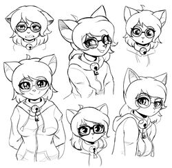  2020 alfa995 anthro bell bell_collar bodily_fluids clothed clothing collar crying domestic_cat eyewear felid feline felis female glasses hair hands_behind_back hoodie looking_at_viewer mammal monochrome queen_(alfa995) short_hair smile solo tears topwear 