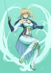  absurdres bare_shoulders blonde_hair boots breasts cleavage commentary dandelion deliciousbrain detached_sleeves female flower genshin_impact green_background grin hair_between_eyes high_heel_boots high_heels highres holding holding_sword holding_weapon invisible_chair jean_(genshin_impact) large_breasts leggings long_hair looking_at_viewer pants ponytail purple_eyes shirt simple_background sitting smile solo strapless strapless_shirt sword thighs weapon white_footwear white_pants 